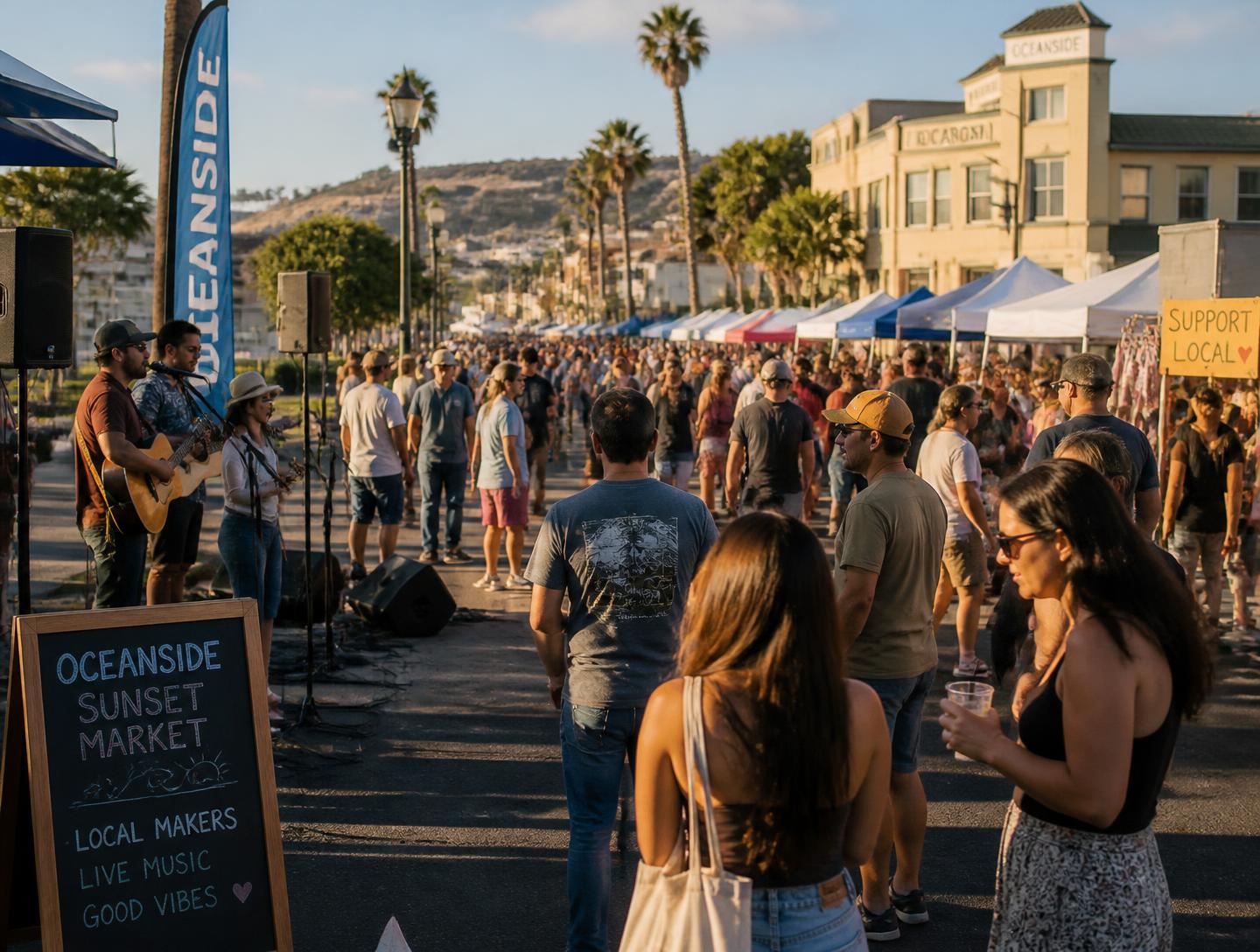 A coastal town street festival with live music and market stalls