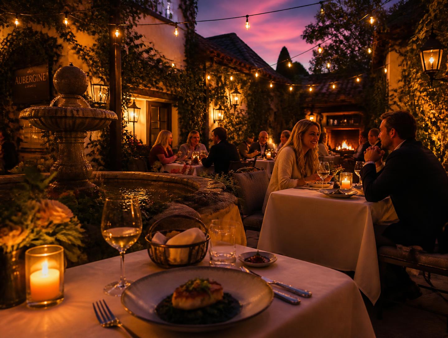 Candlelit courtyard dining under string lights at dusk
