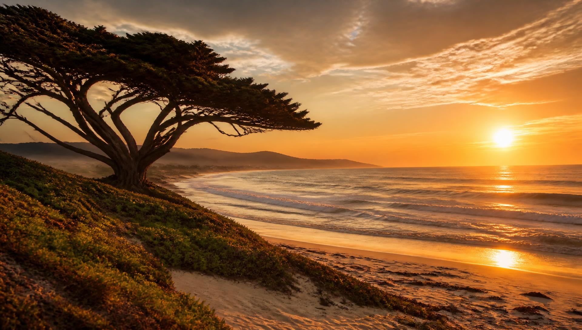 Carmel beach at sunset with a wind-sculpted cypress above white sand