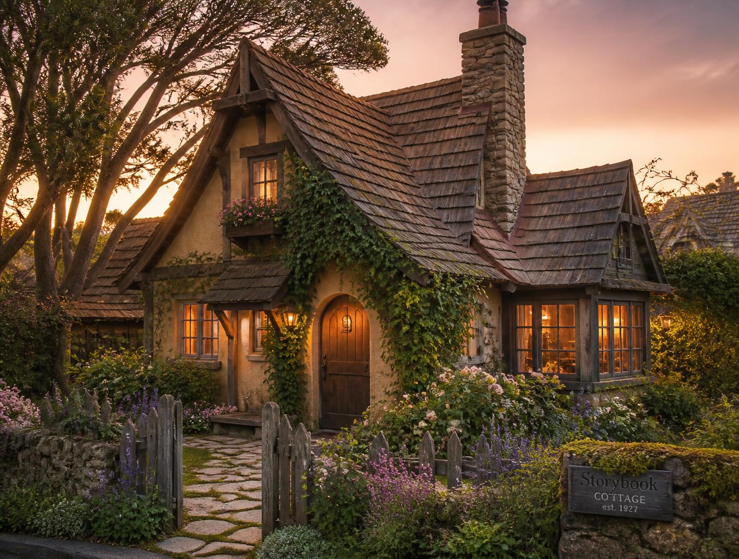 A storybook Carmel cottage at dusk