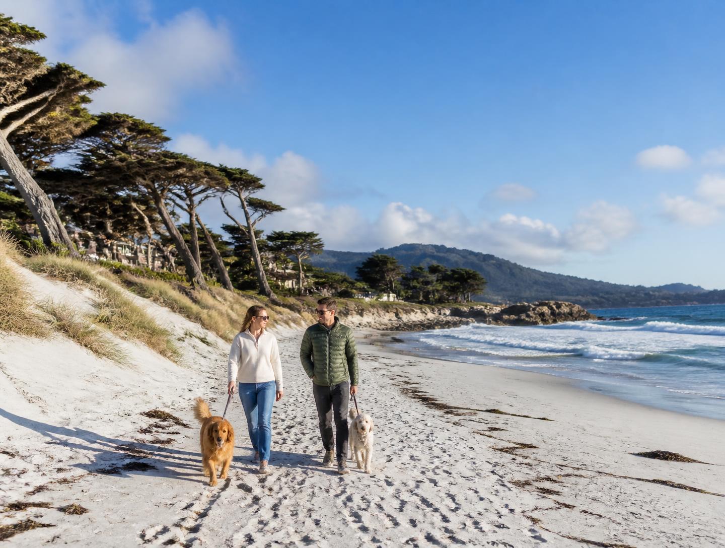 Walking the white sand of Carmel beach on a clear morning