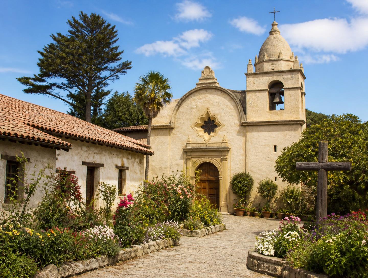 The Carmel mission bell tower and garden courtyard